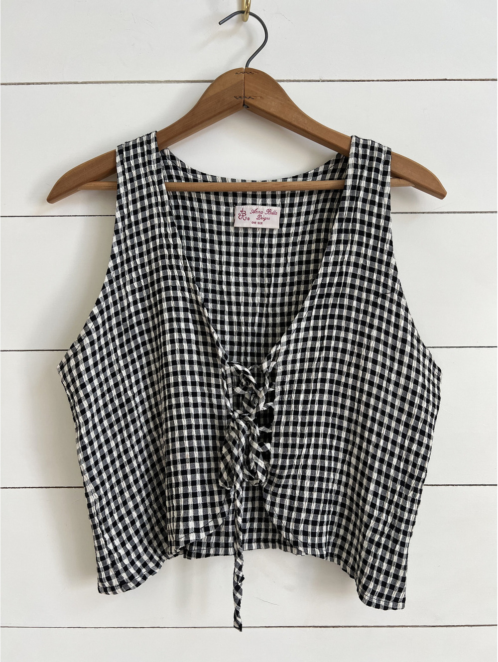 Vintage Gingham Printed Tie Front Vest Women's One Size Western Feminine Y2K